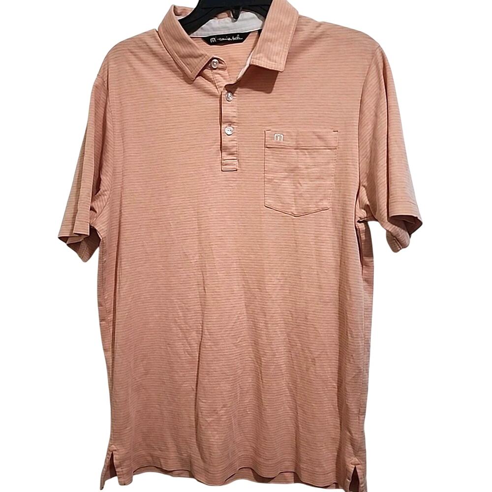 Travis Mathew Men's Small Stripe Salmon Golf Polo Short Sleeve Shirt Pima